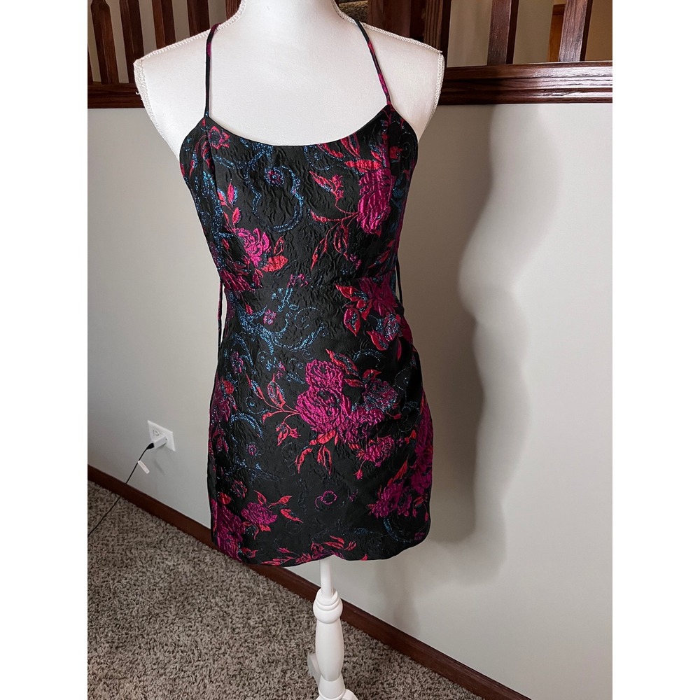 Urban Outfitters Floral Brocade Mini Dress‎ Magenta Blue Metallic Strappy Back S